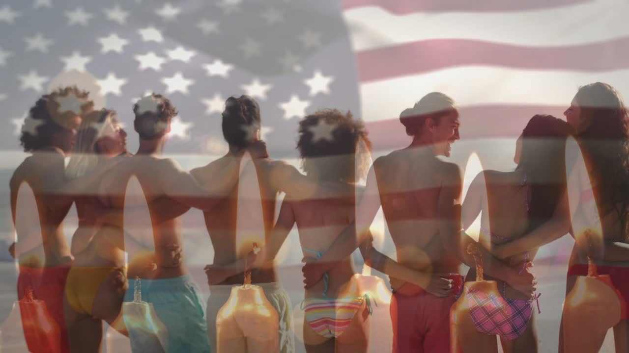 Eight adults standing, linking arms, laughing, flag overlay flowing across them sparking, marketing