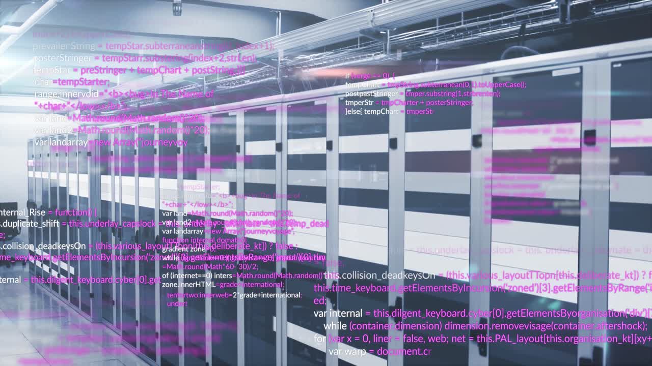 Animation of data processing against light trails over computer server room