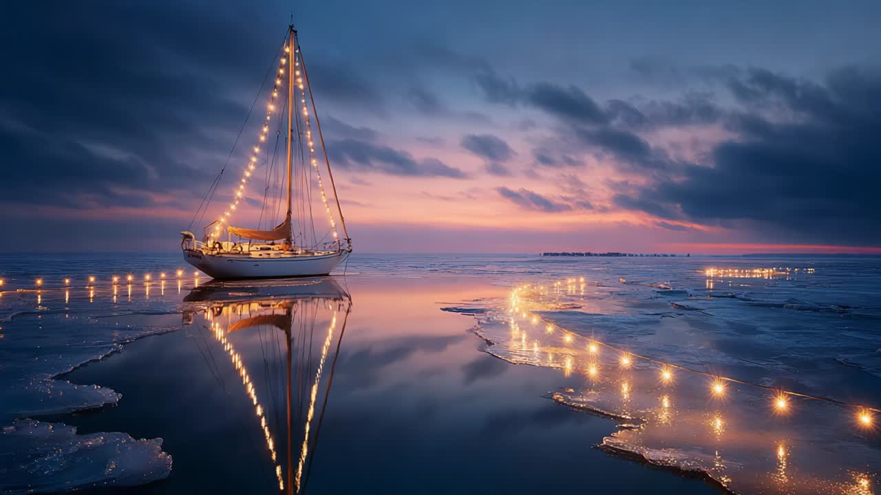 A serene evening by the sea showcasing a beautifully illuminated sailboat anchored amidst ice formations, reflecting a stunning sunset in tranquil waters, surrounded by a peaceful ambiance and scenic beauty