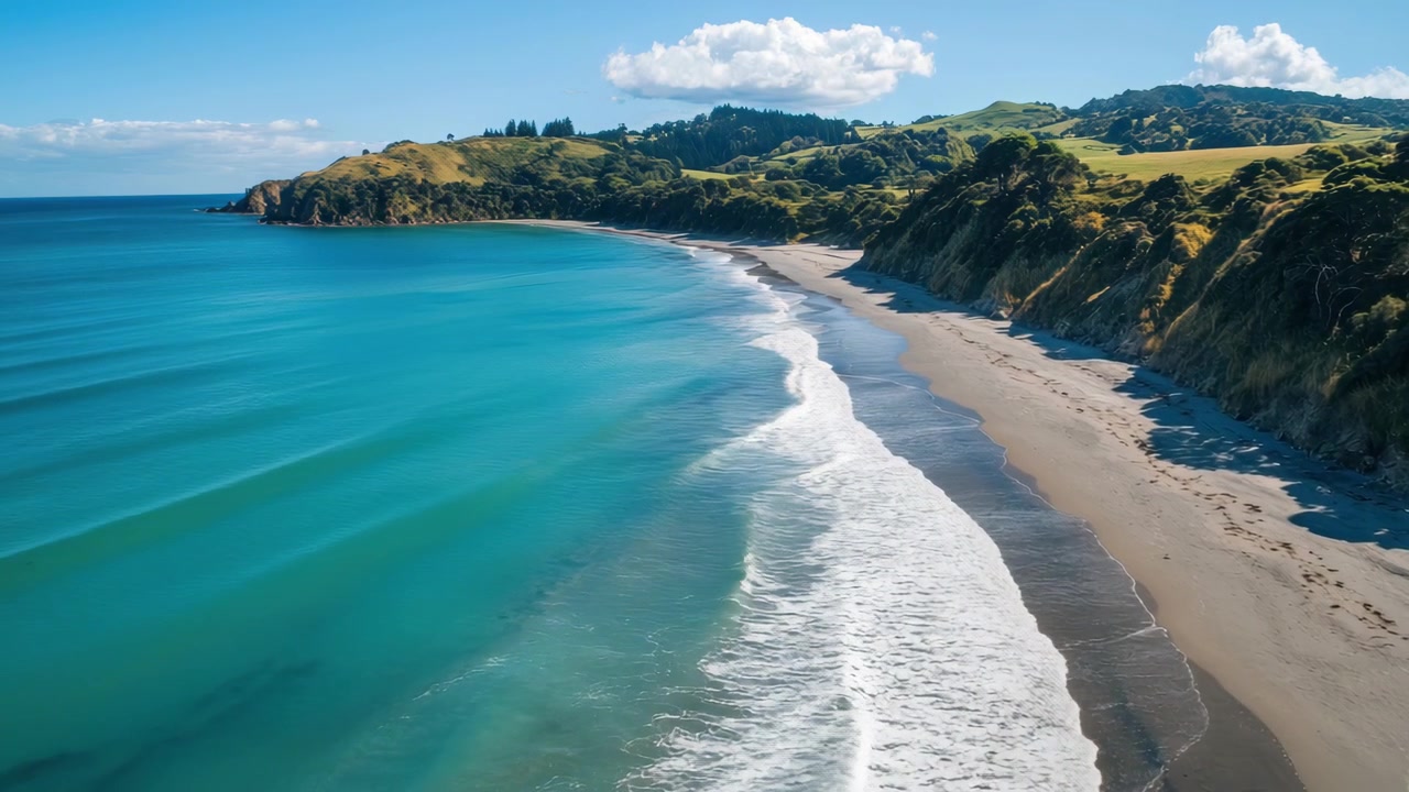 Vista aerea di onde oceaniche turchesi che si infrangono su una spiaggia sabbiosa