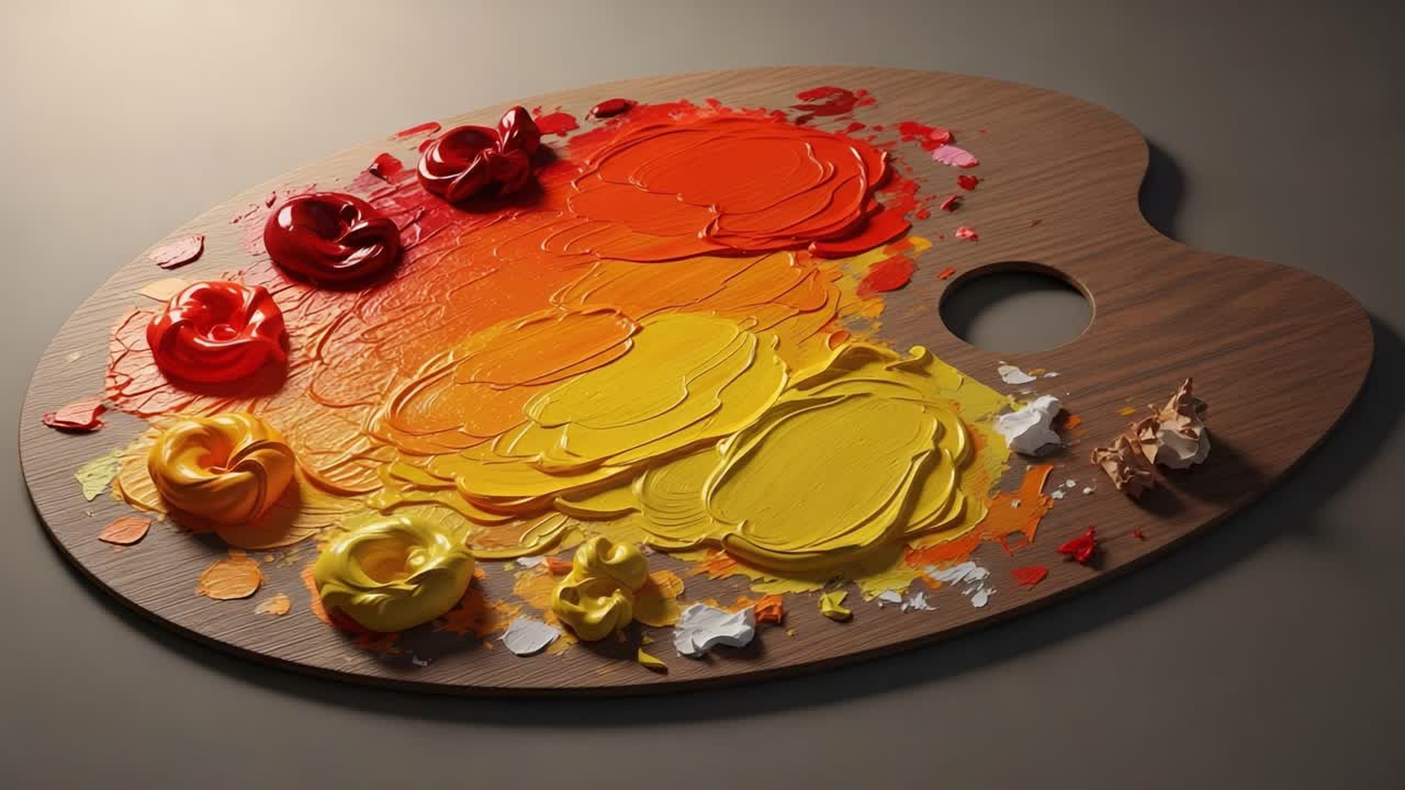 Vibrant Color Palette Showing Rich Red, Orange, and Yellow Paints Spread Across an Artist's Wooden Palette in an Artistic Arrangement