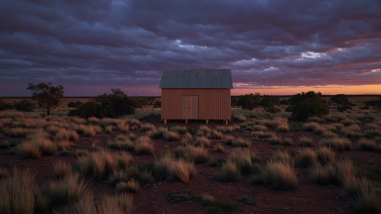 Solitary Hut in Arid Landscape at Sunset