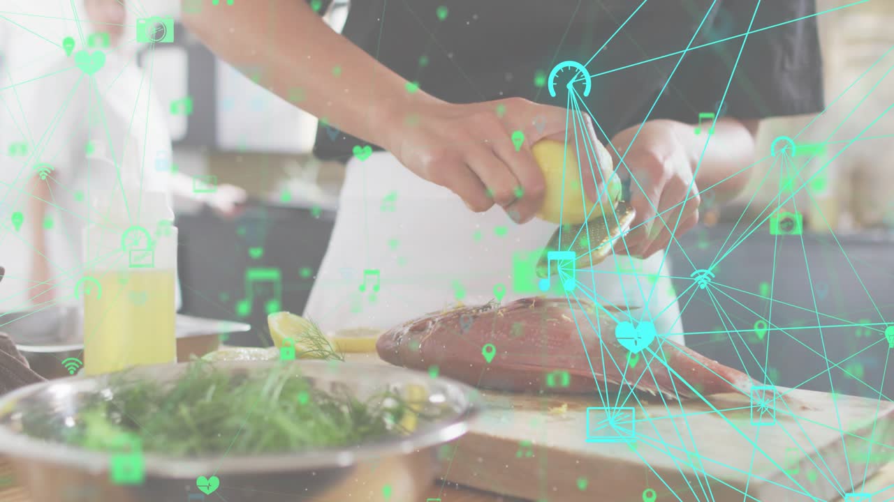 Woman lifting lemon and scraping zest on fillet for flavor as cooking icons intensifying
