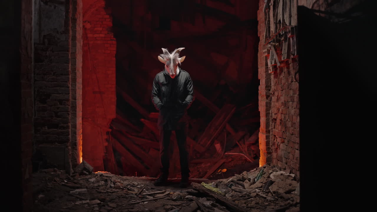 Person with Goat Mask in Abandoned Building
