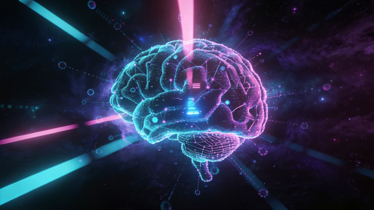 Floating hologram wireframe brain pulsing under magenta-cyan beams in neon space, orbiting nodes