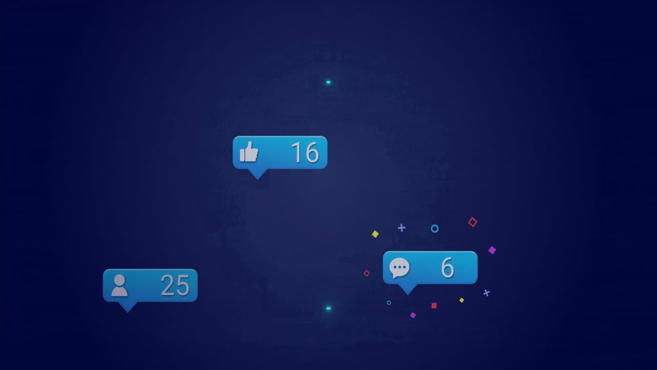 Social media notifications with likes and followers over glowing circular animation