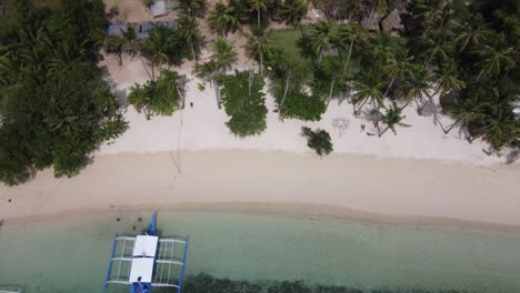 Tourists-at-tropical-Coco-Beach-resort-on-Bulalacao-island-with-outrigger-tour-boats-against-palm-trees