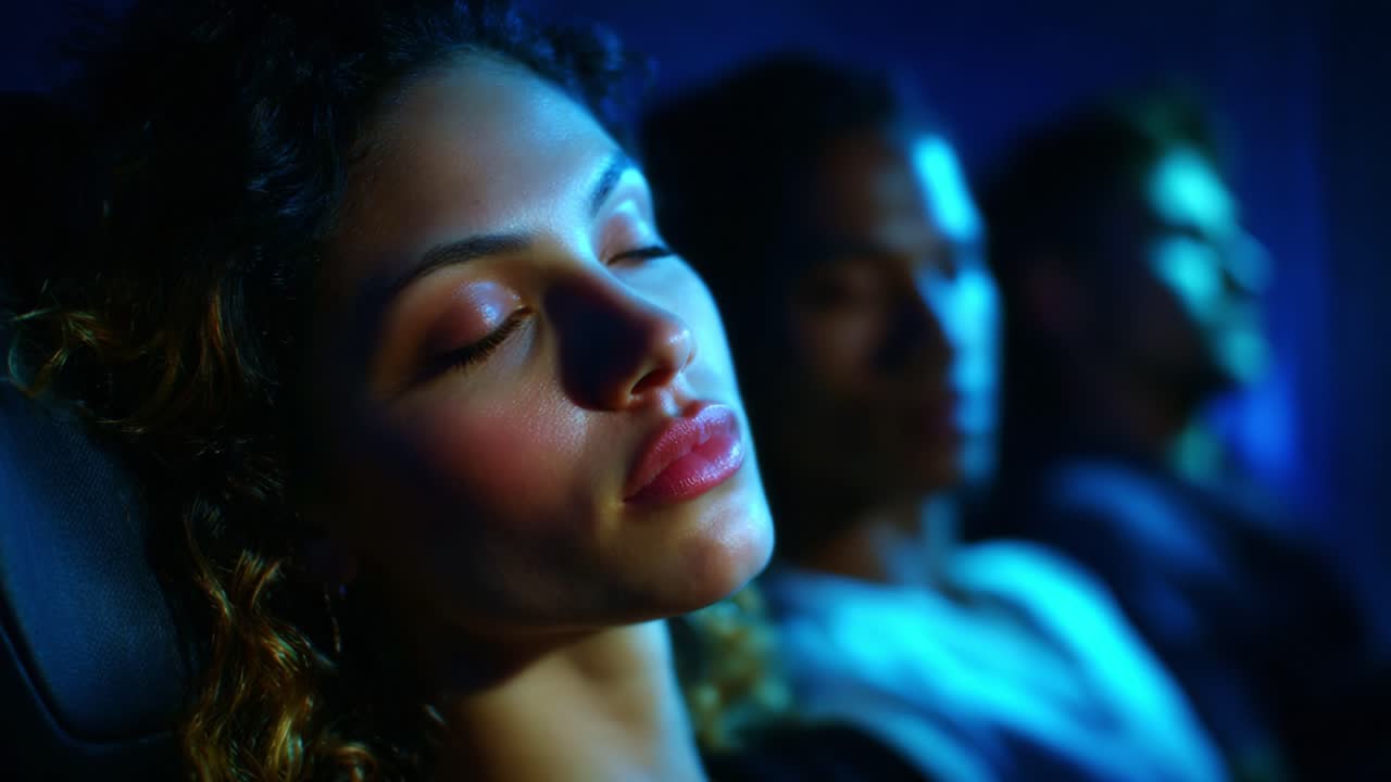 A Serene Moment of Rest: Capturing a Peaceful Scene with a Woman Sleeping Comfortably in a Dimly Lit Space Surrounded by Others, Emphasizing Calmness, Relaxation, and Introspection in a Shared Setting
