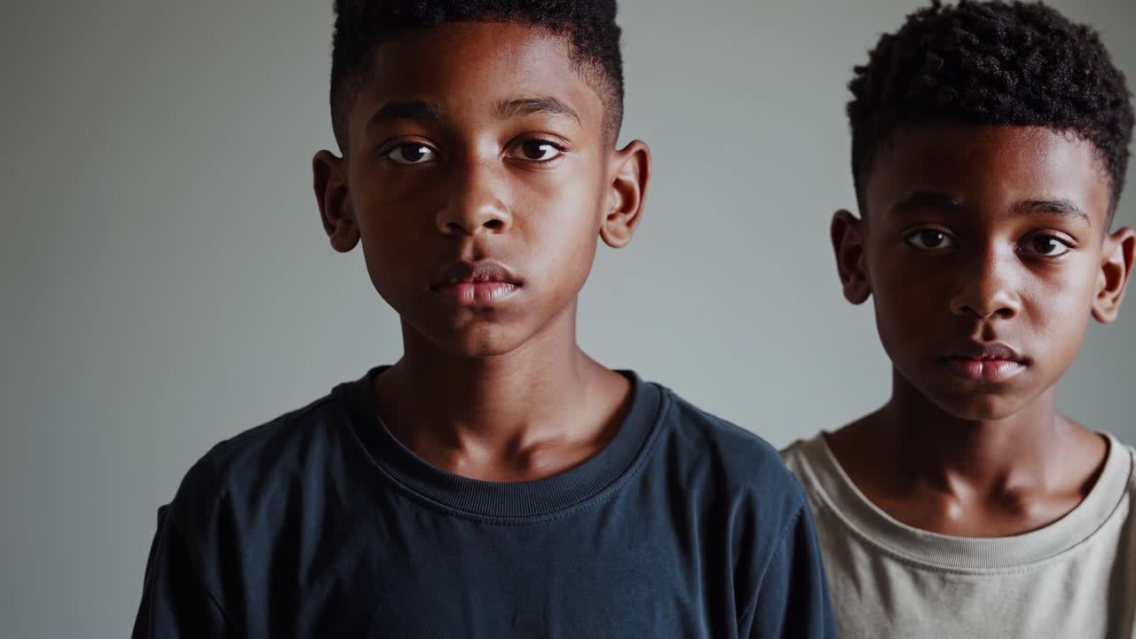 Two young brothers are posing together, wearing casual t shirts and displaying a serious and thoughtful expression on their faces, conveying a sense of unity and contemplation