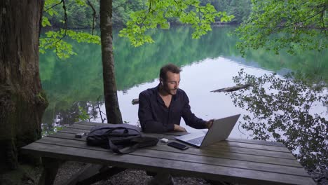 video conference with laptop in the forest.