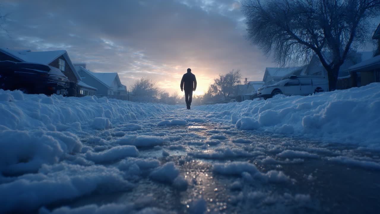 En højtidelig gåtur gennem et sneklædt kvarter ved daggry, med frostklart underlag og en fantastisk overskyet himmel i baggrunden oplyst af morgenlyset