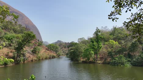 Antena:-Disparo-De-Un-Dron-Desde-Una-Línea-De-árboles-Sobre-Un-Lago-En-Un-Parque-Nacional