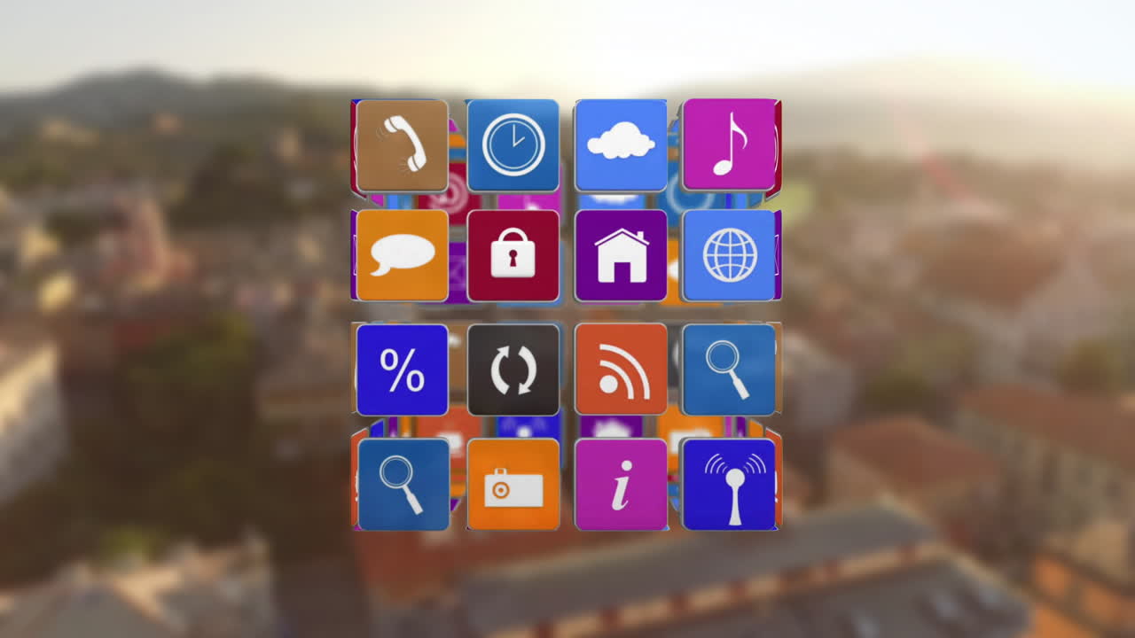 Animating colorful app icons over blurred cityscape background