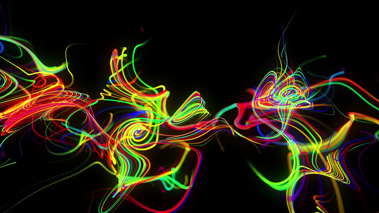 Abstract background flow of glow lines. Running lights particles form in 3d space glowing beautiful curved lines like ball of wires burning with neon light. Beautiful looped creative background in 4k.