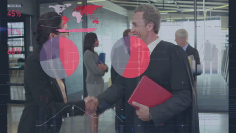 animation of financial data processing over diverse business people shaking hands