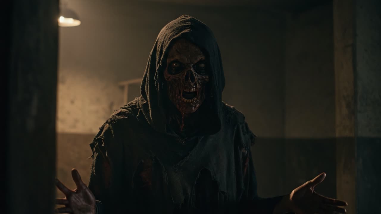 Chilling Transformation of a Sinister Figure: Captivating Scenes From an Eerie Encounter with a Frightening Entity in a Dimly Lit Setting