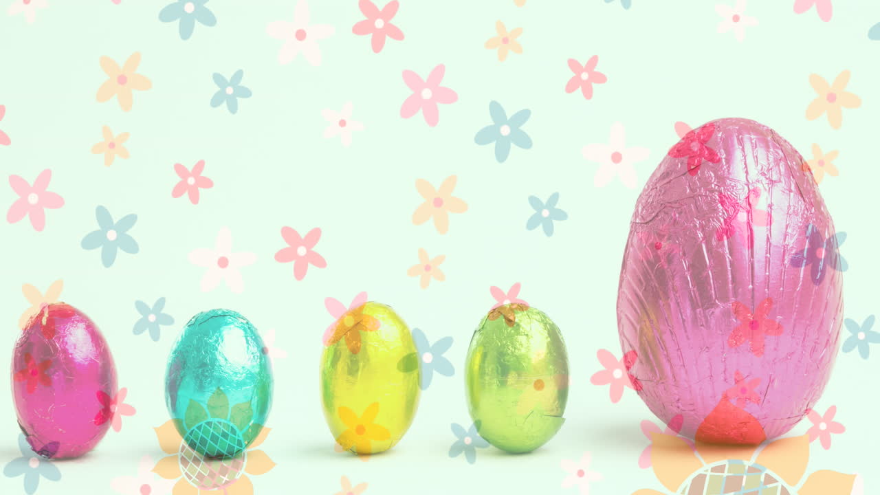 Composite video of flowers icons moving over colorful easter eggs against white background