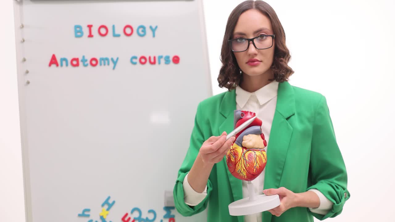 Woman teacher demonstrating human heart anatomy model during a biology course