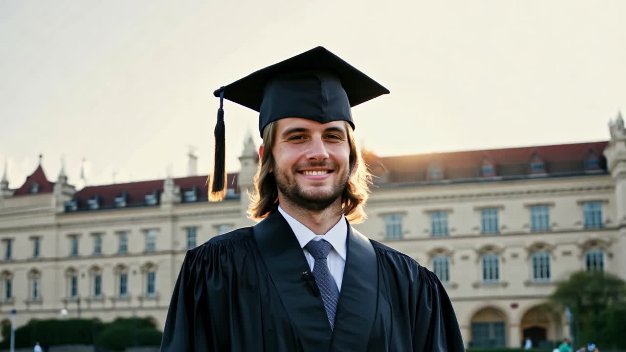 A smiling graduate in cap and gown