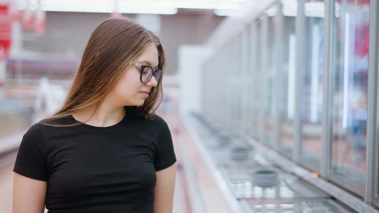 러시아 여성이 쇼핑몰 안의 디스플레이를 보고, 유리 전시장에 있는 것을 보기 위해 접근하고, 다른 쇼핑객들이 돌아다니는 흐릿한 배경으로