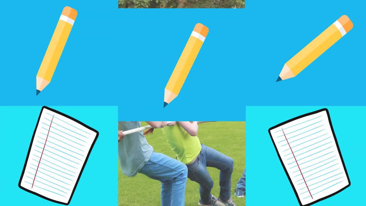 Animation of school notebooks and pencils icons over children pulling rope and blue squares