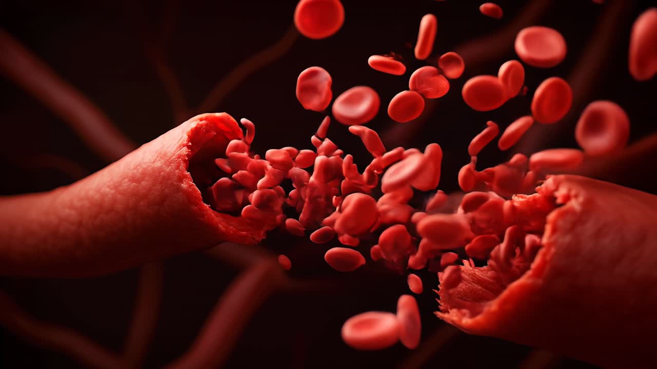 Red Blood Cells Spilling from a Ruptured Blood Vessel