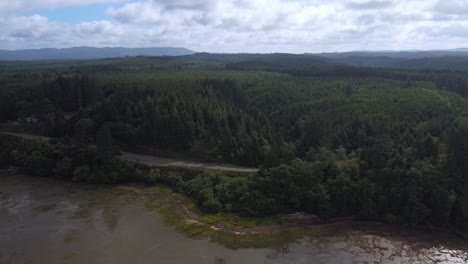 Vista-Aérea-De-La-Carretera-A-Través-De-Un-Bosque-A-Lo-Largo-De-La-Costa-Del-Pacífico-Sur-Del-Estado-De-Washington.