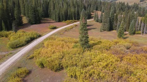 Far-pull-in-shot-of-a-dirt-road-in-Telluride-Colorado