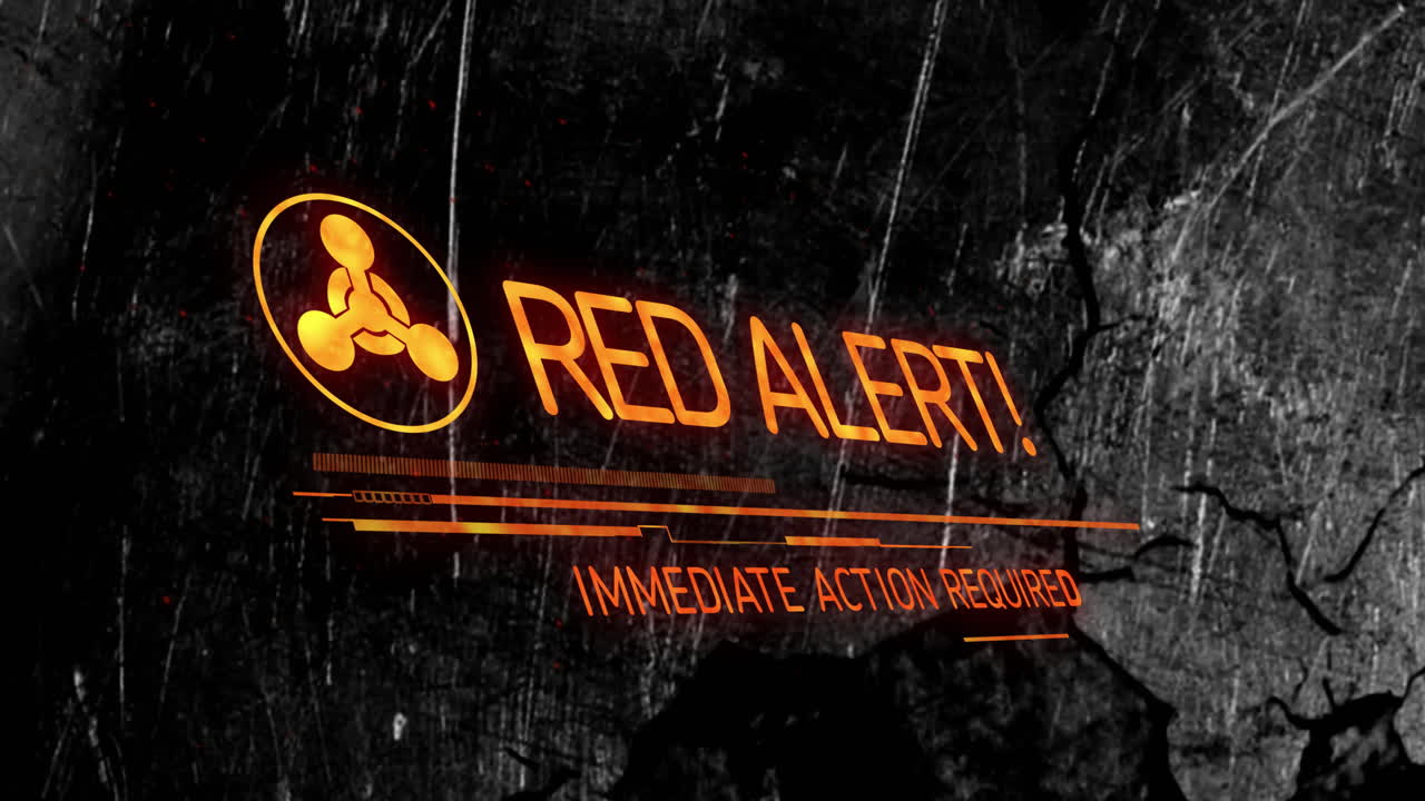 Red alert text requiring immediate action on dark textured background with animation