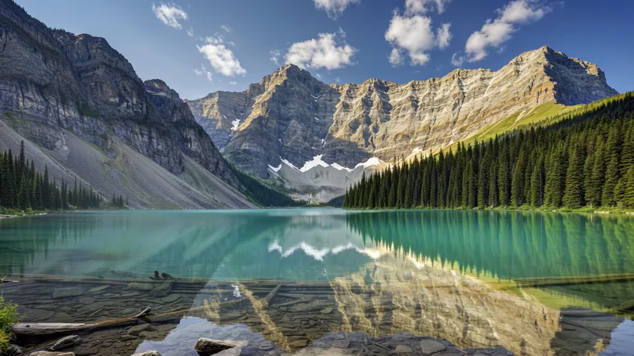 Serene Mountain Lake Scene: A Stunning View of Reflective Waters Surrounded by Majestic Peaks and Lush Green Forests Under a Bright Blue Sky
