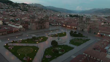 4k aerial footage over the plaza de armas at twilight in cusco city, peru during coronavirus quarantine