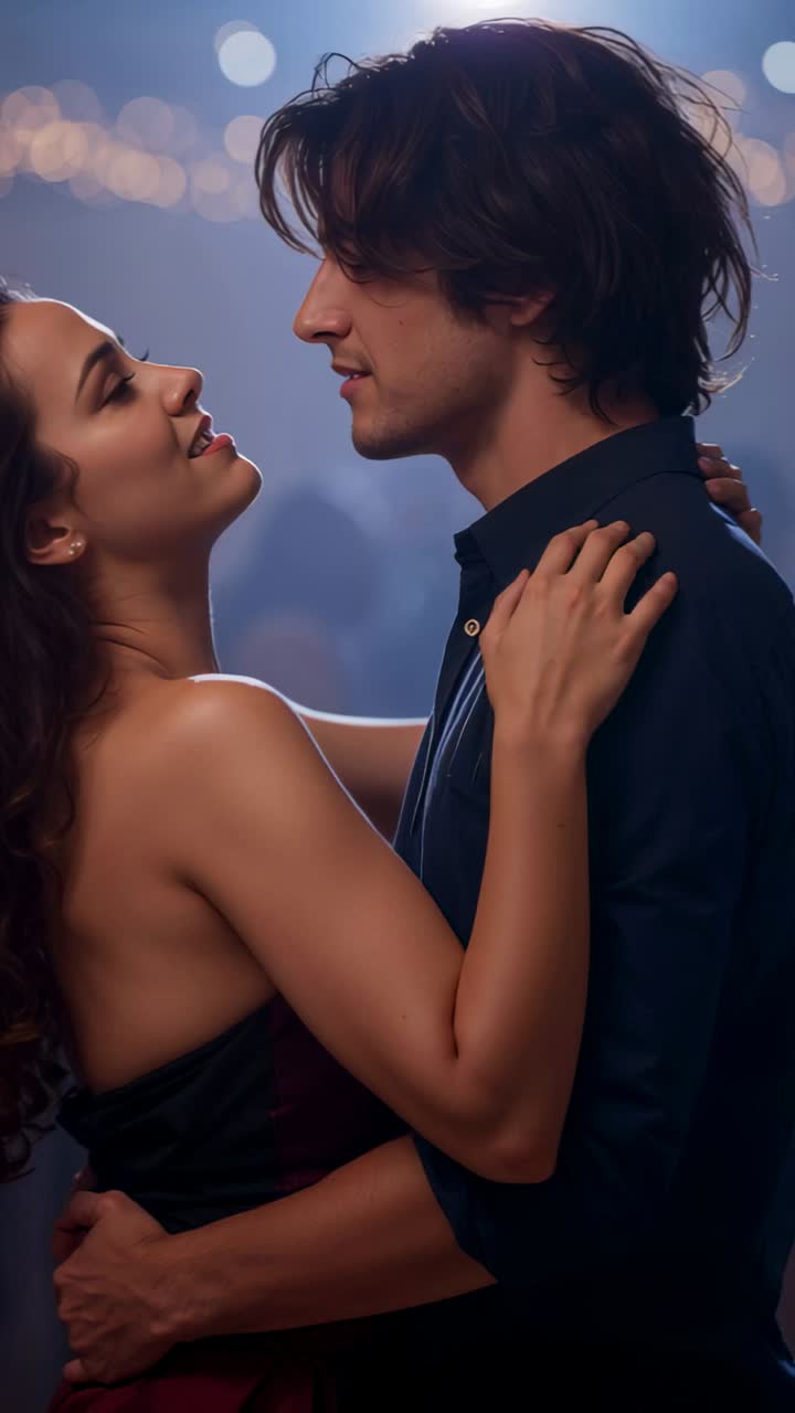 Vertical video: Couple swaying to song in lounge, in red dress, dark shirt sharing gaze with bokeh
