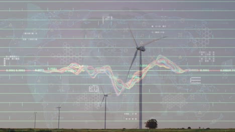 Animación-Del-Procesamiento-De-Datos-Sobre-El-Globo-Y-Molinos-De-Viento-Giratorios-Contra-El-Cielo-Gris