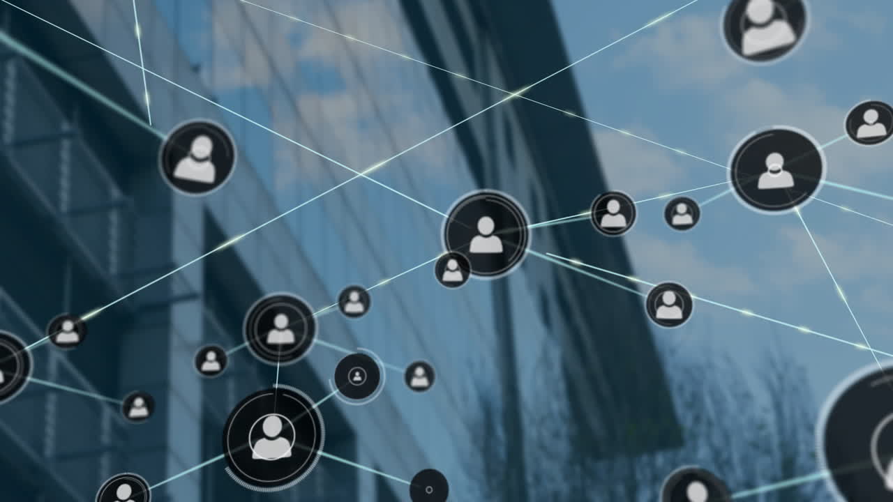 Network of connected user icons animation over modern glass building background