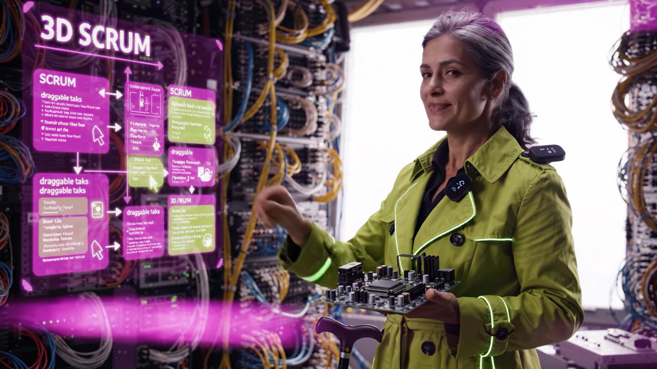 Female Engineer Analyzing Circuit Board in High-Tech Server Room with Colorful Wires and Digital Scrum Interface for Enhanced Project Management Solutions