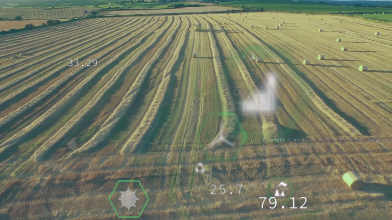 animación de procesamiento de datos agrícolas sobre una vista aérea del campo cosechado