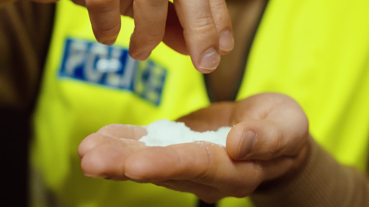 Primo piano di un agente di polizia che tiene una polvere bianca durante un sequestro di stupefacenti. Concetto di controllo degli stupefacenti, applicazione della legge, prevenzione della criminalità e indagine su sostanze illegali