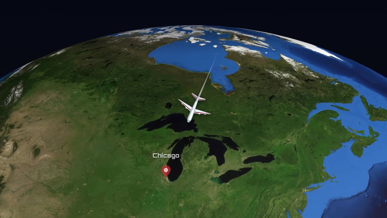 Satellite view animation tracks a commercial airplane flying from Delhi to Chicago across the globe