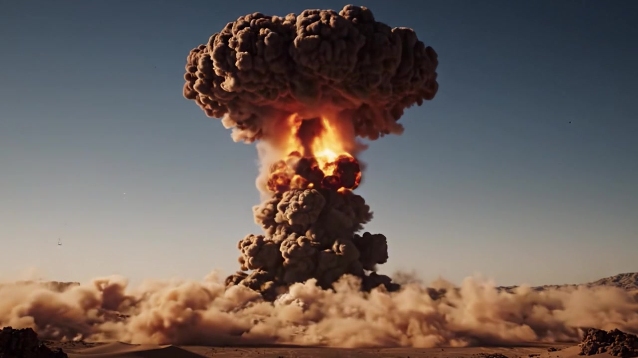 Eine atemberaubende Verwandlung: Erleben Sie die zerstörerische Kraft eines explosiven Ereignisses, festgehalten in zwei eindrucksvollen Bildern mit atemberaubender visueller Wirkung in einer Wüstenlandschaft