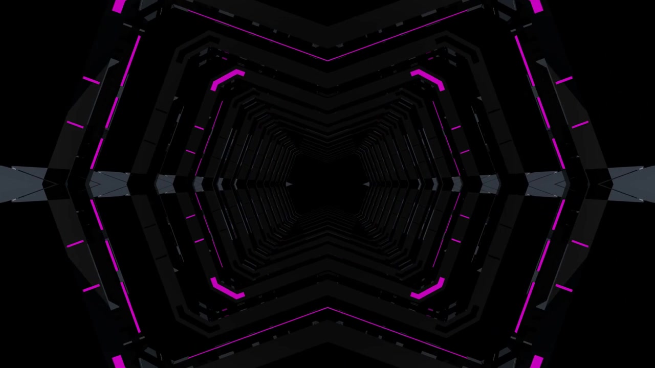 Tunnel scuro futuristico con luci al neon viola pulsanti