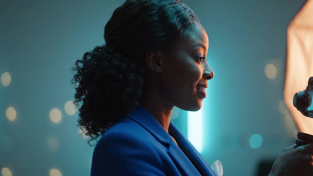 Captivating Transformation of a Woman Engaged with Camera Equipment in a Stunningly Lit Environment Showcasing Creativity and Passion for Visual Storytelling
