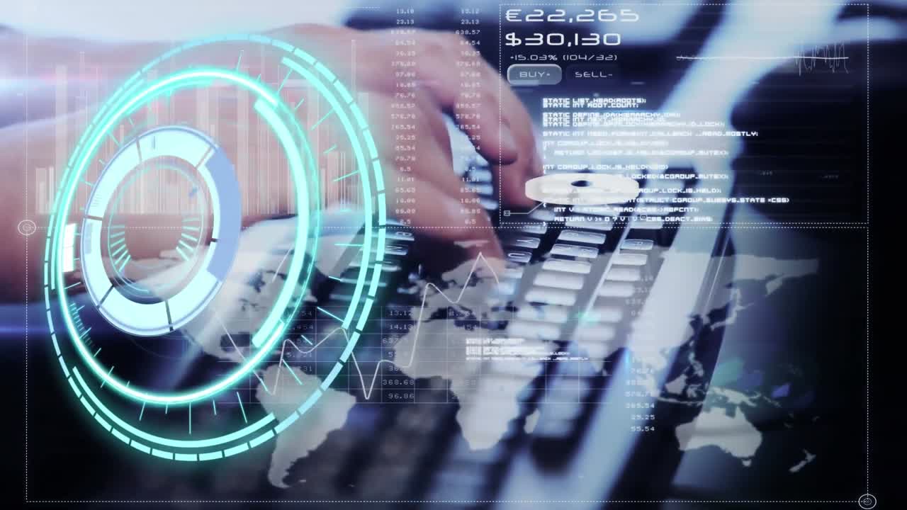 animación del escaneo del alcance y el procesamiento de datos sobre la persona que escribe en el teclado de la computadora