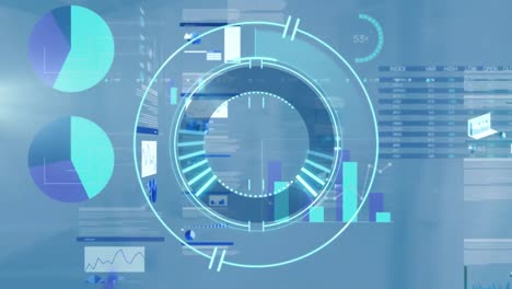 Animation-of-neon-round-scanner-and-screens-with-statistical-data-processing-against-blue-background