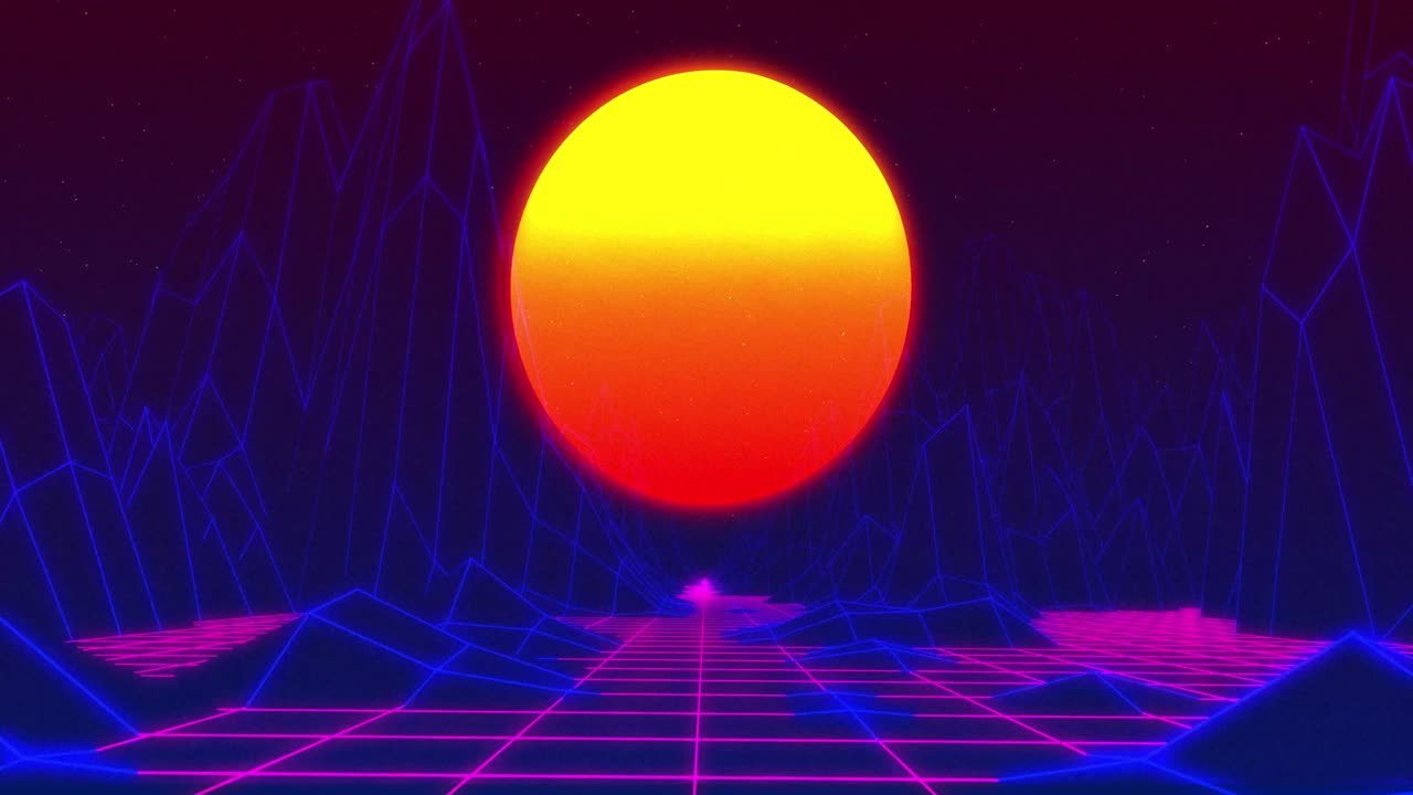 animación de interferencia y sol sobre montañas digitales sobre fondo negro