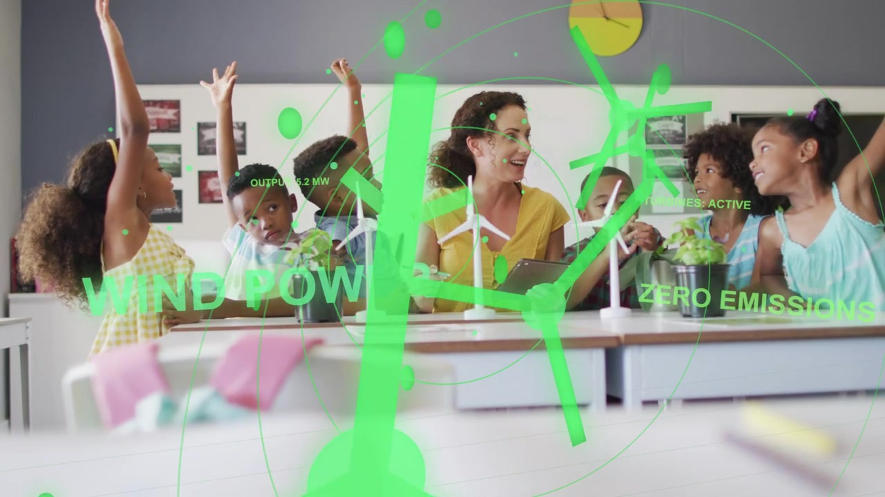Teacher tapping tablet, pointing to turbines in class, AR graphics circling, teaching wind power