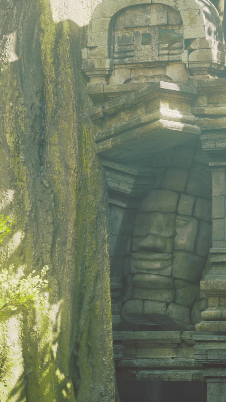 Antiche rovine di un tempio con vegetazione rigogliosa in una giungla nebbiosa