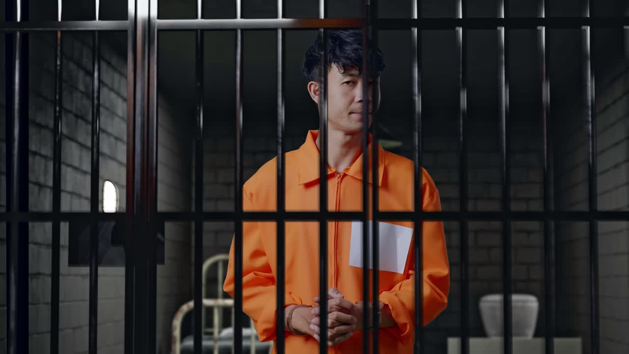 prisionero masculino asiático con esposas de pie en la cárcel, sacudiendo la cabeza molesto por lo que hizo