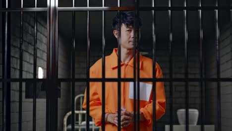 asian male prisoner in handcuffs standing in prison, shaking his head being upset on what he did