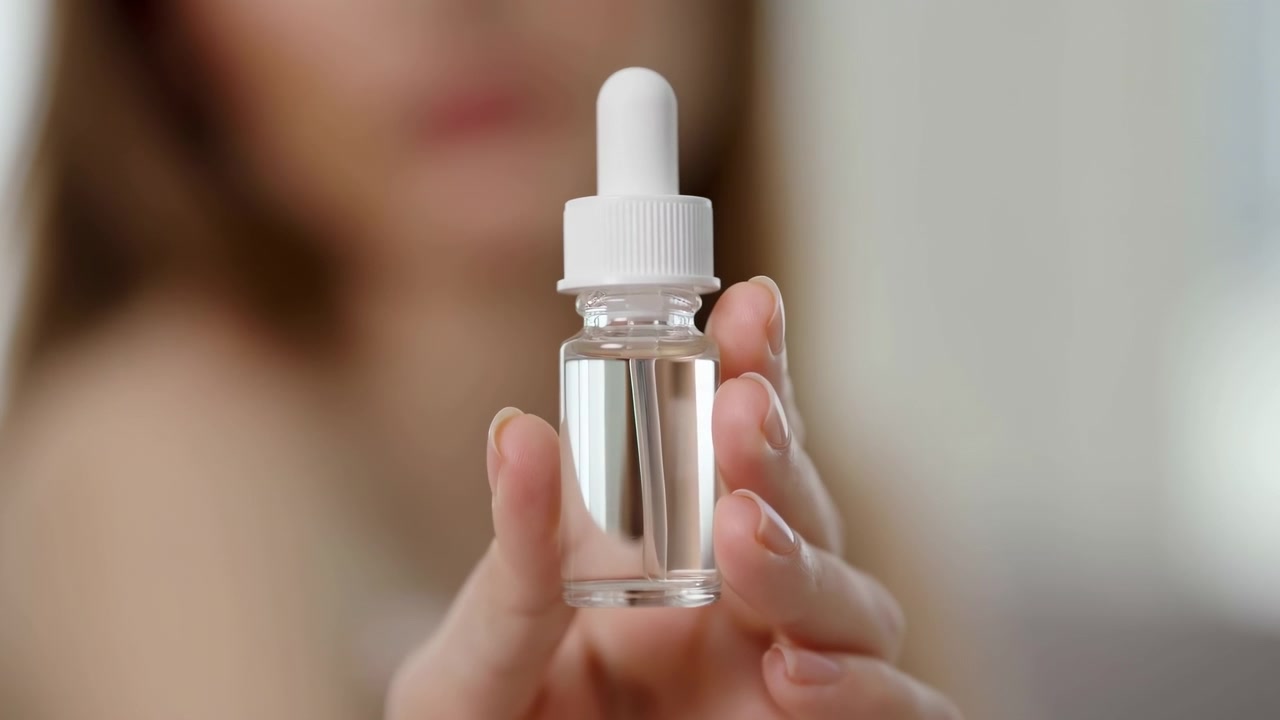 Nærbillede i øjenhøjde viser en hånd, der holder en opretstående klar glasdråbeflaske fyldt med gennemsigtig væske, med rolige fingre og synlige naturlige negle, med bløde refleksioner og en rolig minimalistisk baggrund.