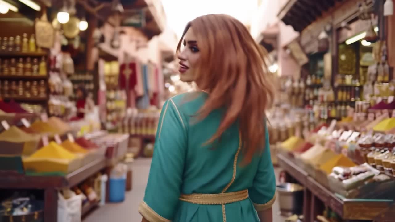 A woman with flowing red hair walks through a colorful market filled with various spices and crafts. Brightly decorated stalls showcase local products and vibrant colors.